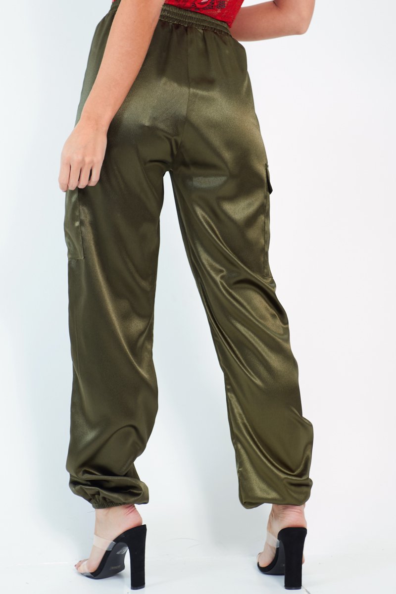 Khaki Satin Cargo Trousers - Khyla-Trousers