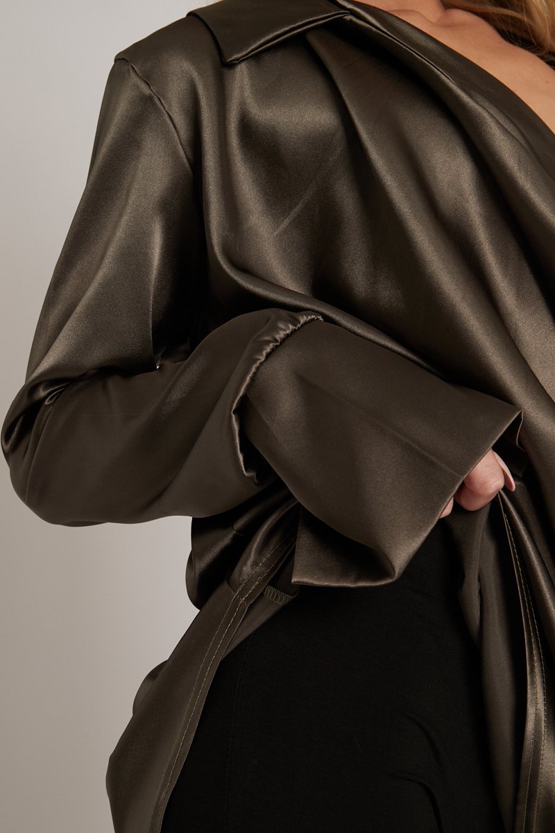 Khaki Satin Extreme Cowl Neck Shirt - Luca-Tops