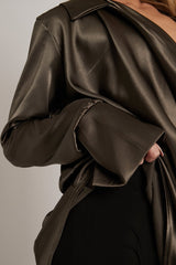 Khaki Satin Extreme Cowl Neck Shirt - Luca-Tops