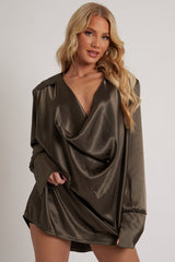 Khaki Satin Extreme Cowl Neck Shirt - Luca-Tops