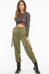 Khaki Satin Utility Pocket Cuffed Hem Trousers - Delilah-Trousers