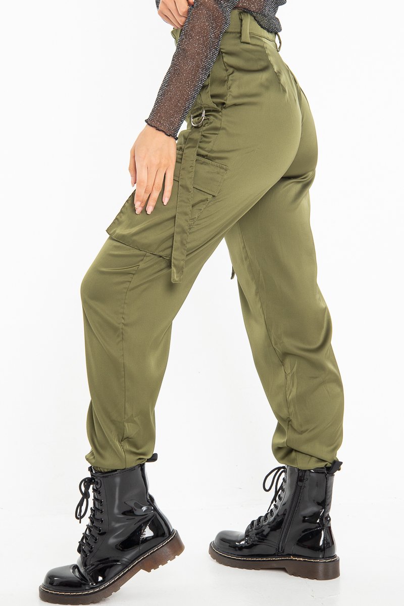 Khaki Satin Utility Pocket Cuffed Hem Trousers - Delilah-Trousers