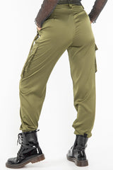 Khaki Satin Utility Pocket Cuffed Hem Trousers - Delilah-Trousers