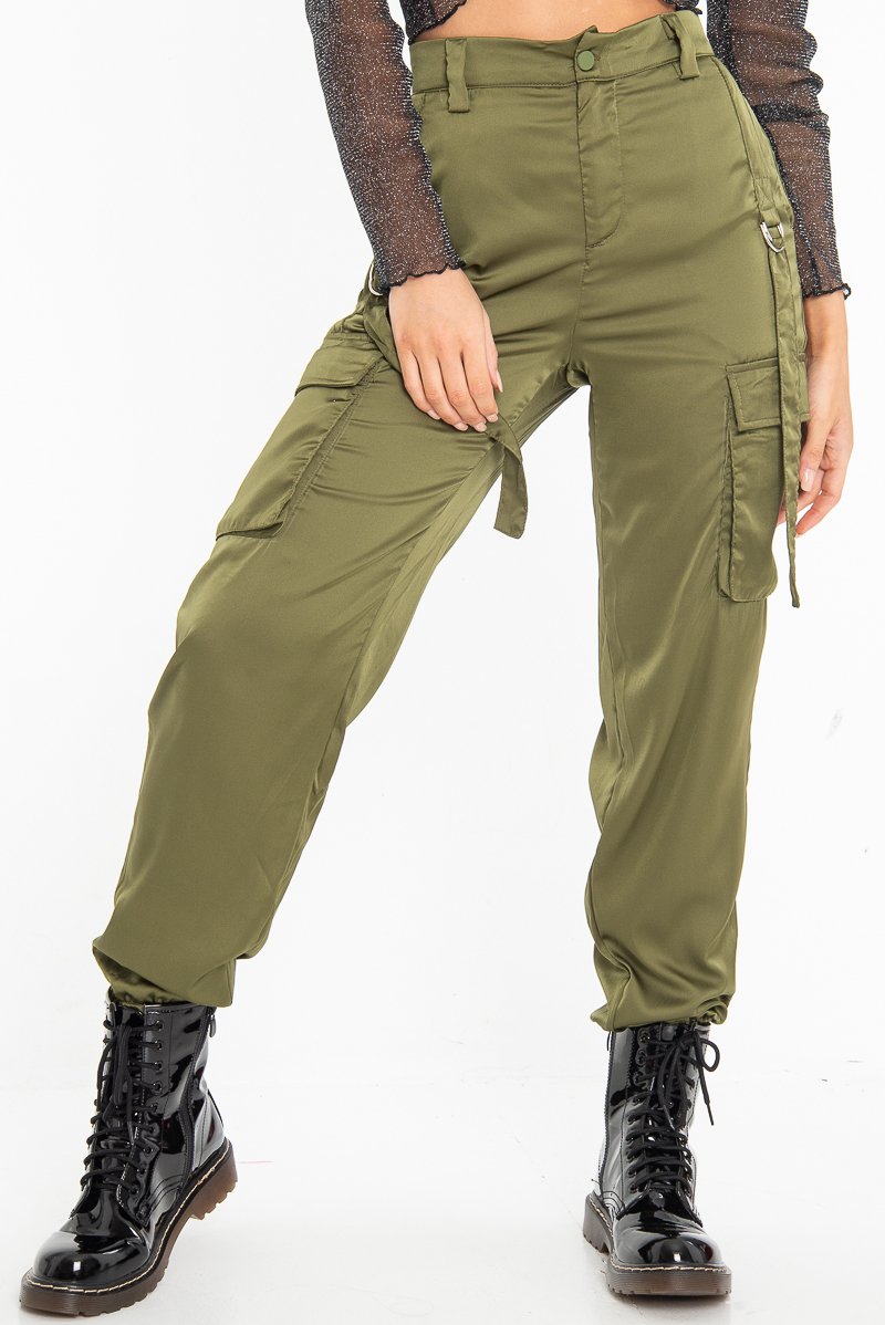 Khaki Satin Utility Pocket Cuffed Hem Trousers - Delilah-Trousers