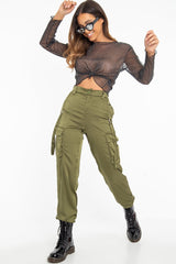 Khaki Satin Utility Pocket Cuffed Hem Trousers - Delilah-Trousers