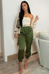 Khaki Satin Utility Pocket Cuffed Hem Trousers - Delilah-Trousers
