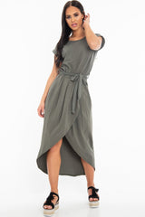 Khaki Scoop Neck Belted Wrap Maxi Dress - Allie-Dresses