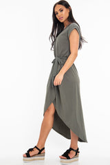 Khaki Scoop Neck Belted Wrap Maxi Dress - Allie-Dresses