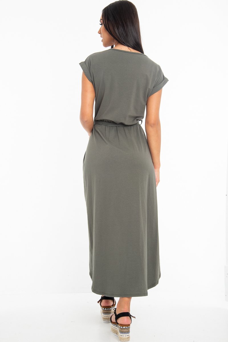 Khaki Scoop Neck Belted Wrap Maxi Dress - Allie-Dresses