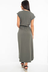Khaki Scoop Neck Belted Wrap Maxi Dress - Allie-Dresses