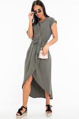 Khaki Scoop Neck Belted Wrap Maxi Dress - Allie-Dresses