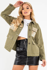 Khaki Sequin Pocket Button Denim Jacket - Celeste-Jackets