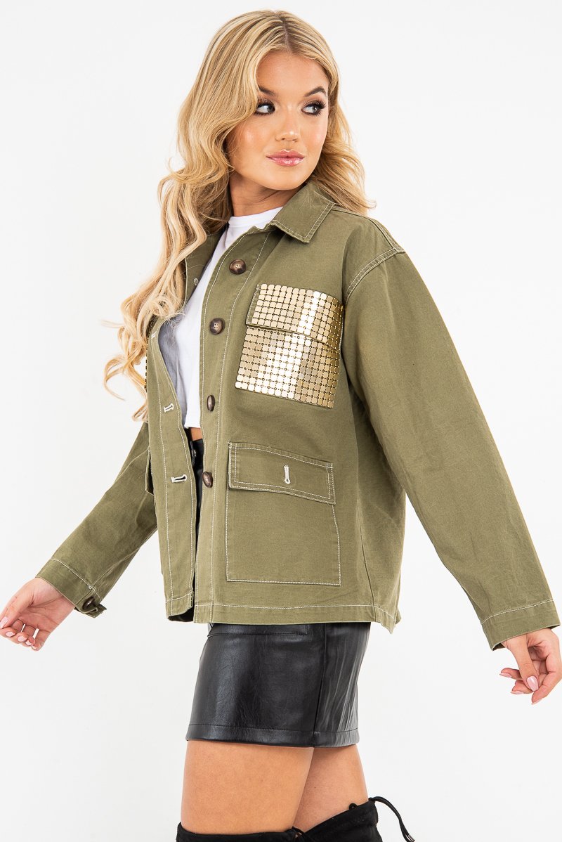 Khaki Sequin Pocket Button Denim Jacket - Celeste-Jackets