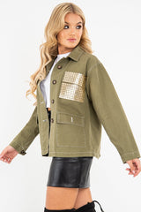 Khaki Sequin Pocket Button Denim Jacket - Celeste-Jackets