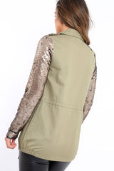Khaki Sequin Sleeves and Pockets Jacket - Dakota-Jackets