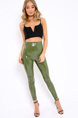 Khaki Shiny Vinyl PU Leggings - Rio-Trousers