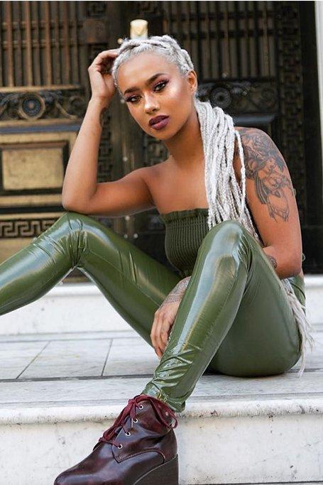 Khaki Shiny Vinyl PU Leggings - Rio
