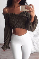 Khaki Shirred Wrap Over Bardot Crop Top - Zuri-Crop Tops