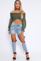 Khaki Shirred Wrap Over Bardot Crop Top - Zuri-Crop Tops
