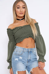 Khaki Shirred Wrap Over Bardot Crop Top - Zuri-Crop Tops
