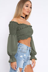 Khaki Shirred Wrap Over Bardot Crop Top - Zuri-Crop Tops