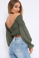Khaki Shirred Wrap Over Bardot Crop Top - Zuri-Crop Tops