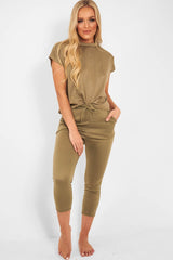 Khaki Short Sleeve Crop Jogger Loungewear Set - Aarian-Co-ords