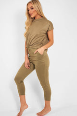 Khaki Short Sleeve Crop Jogger Loungewear Set - Aarian-Co-ords