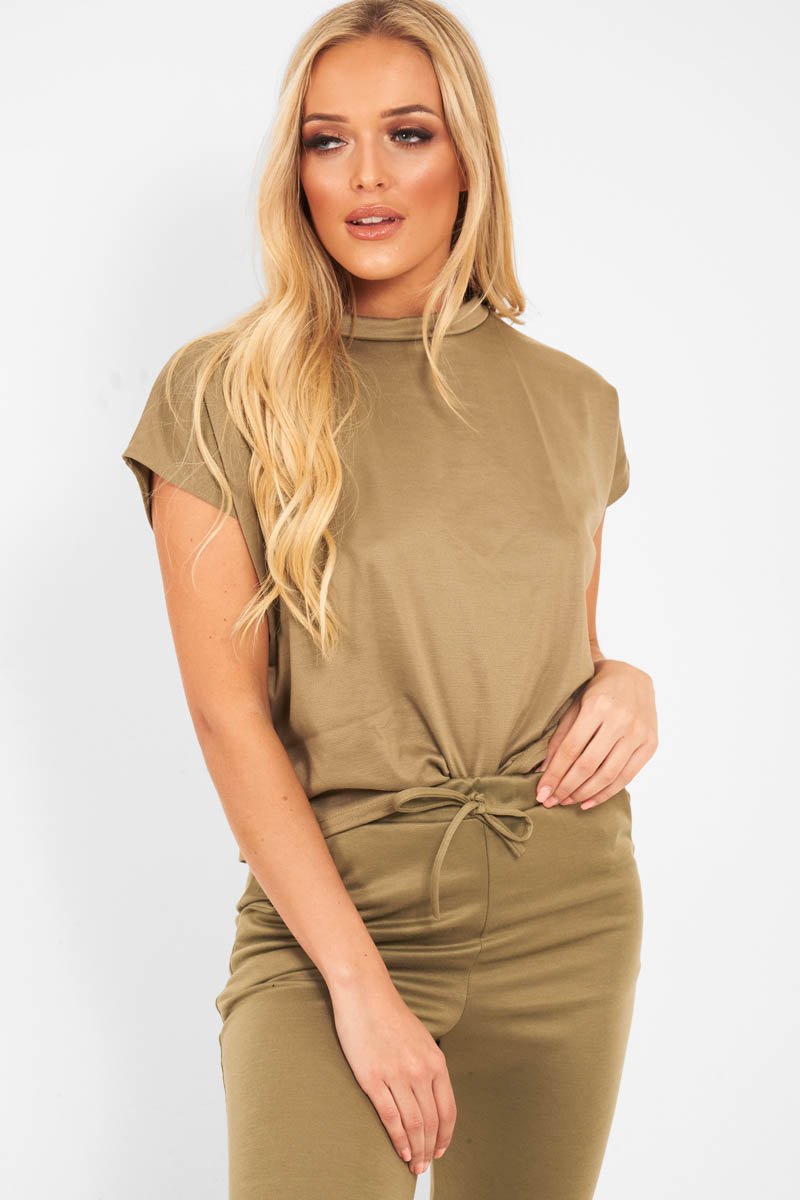 Khaki Short Sleeve Crop Jogger Loungewear Set - Aarian-Co-ords