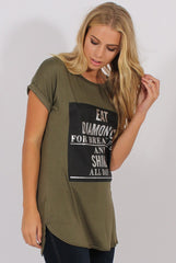 Khaki Short Sleeved Slogan Top - Gillian-Tops