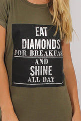 Khaki Short Sleeved Slogan Top - Gillian-Tops