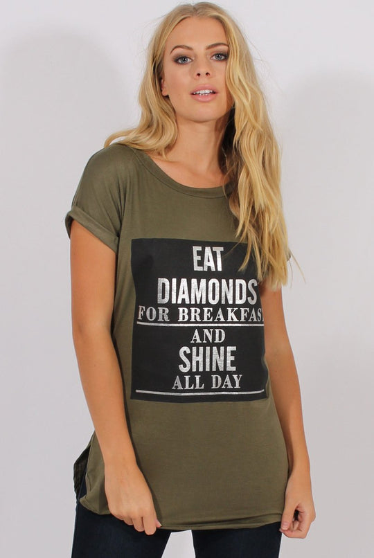 Khaki Short Sleeved Slogan Top - Gillian