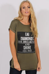 Khaki Short Sleeved Slogan Top - Gillian-Tops