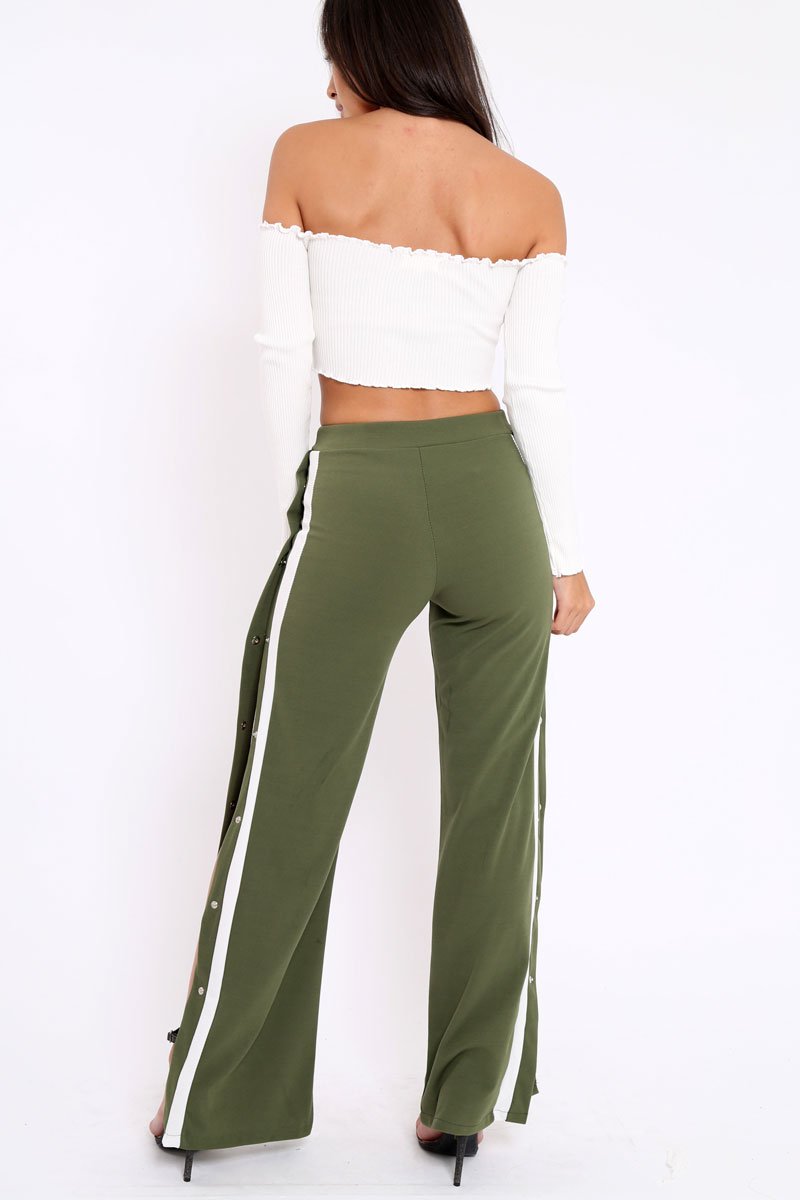 Khaki Side Popper White Stripes Trousers - Sady-Trousers