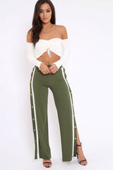 Khaki Side Popper White Stripes Trousers - Sady-Trousers