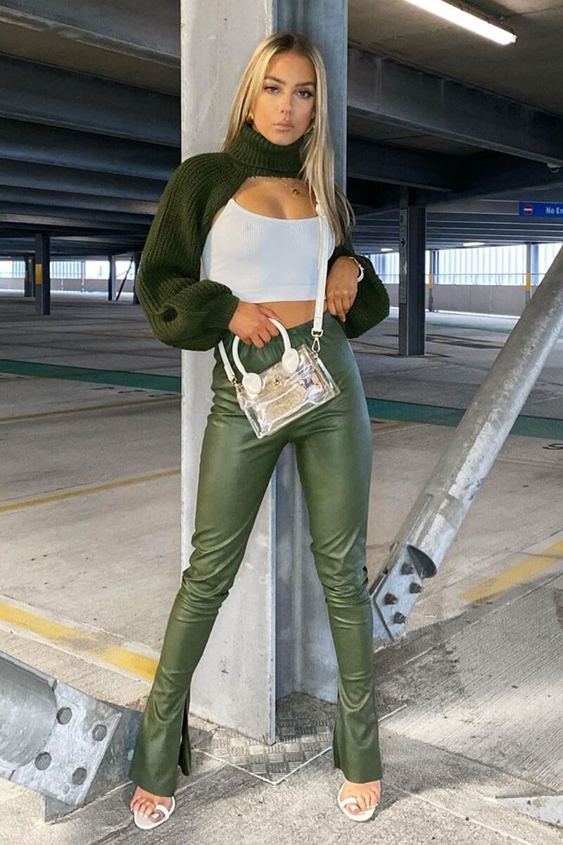 Khaki Side Split Flared Skinny PU Trouser - Zylah-Trousers