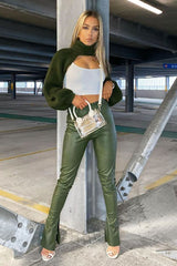 Khaki Side Split Flared Skinny PU Trouser - Zylah-Trousers
