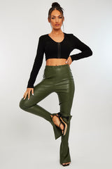 Khaki Side Split Flared Skinny PU Trouser - Zylah-Trousers