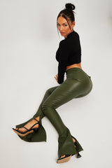 Khaki Side Split Flared Skinny PU Trouser - Zylah-Trousers
