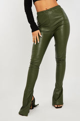Khaki Side Split Flared Skinny PU Trouser - Zylah-Trousers