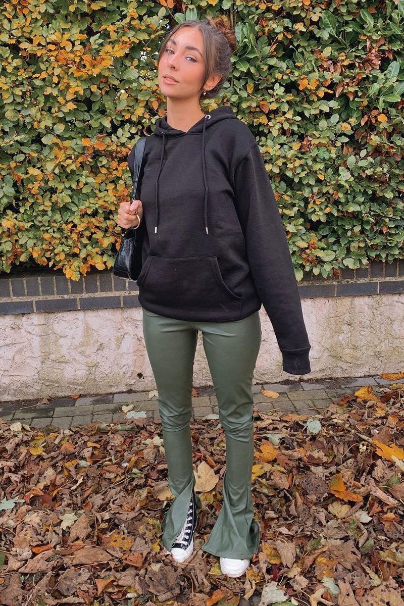 Khaki Side Split Flared Skinny PU Trouser - Zylah-Trousers