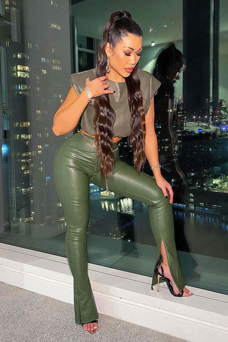 Khaki Side Split Flared Skinny PU Trouser - Zylah-Trousers