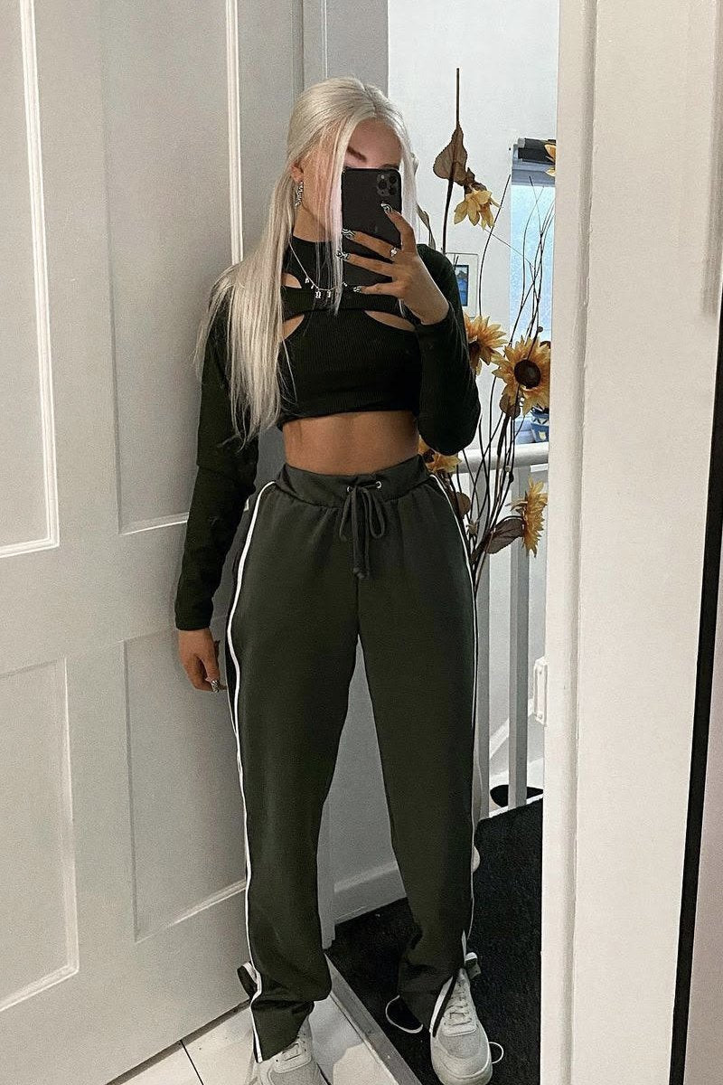 Khaki Side Stripe Split Hem Wide Leg Joggers - Karris-Joggers
