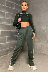 Khaki Side Stripe Split Hem Wide Leg Joggers - Karris-Joggers