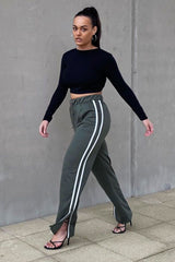 Grey Side Stripe Split Hem Wide Leg Joggers - Karris – Rebellious Fashion