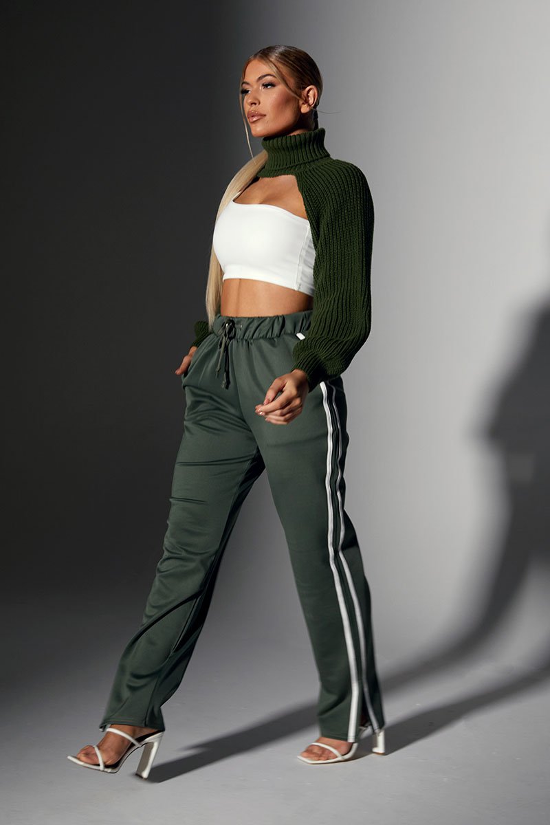 Khaki Side Stripe Split Hem Wide Leg Joggers - Karris-Joggers