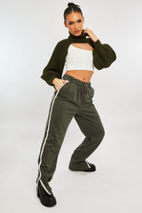 Khaki Side Stripe Split Hem Wide Leg Joggers - Karris-Joggers