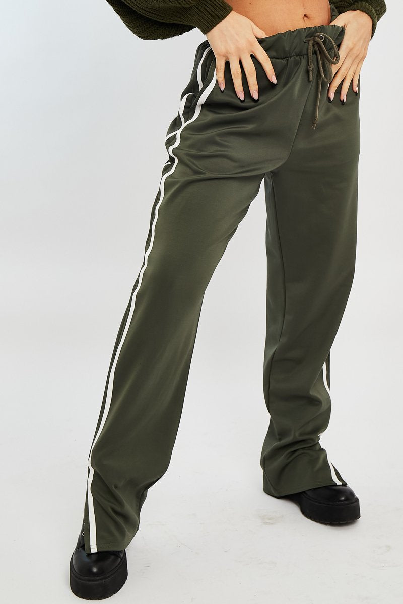 Khaki Side Stripe Split Hem Wide Leg Joggers - Karris-Joggers