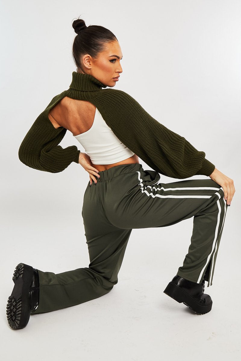 Khaki Side Stripe Split Hem Wide Leg Joggers - Karris-Joggers