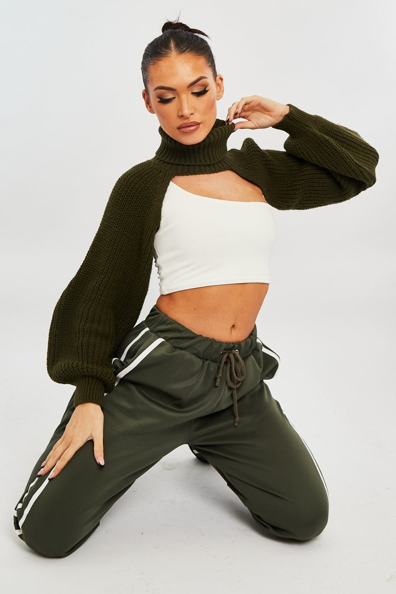 Khaki Side Stripe Split Hem Wide Leg Joggers - Karris-Joggers